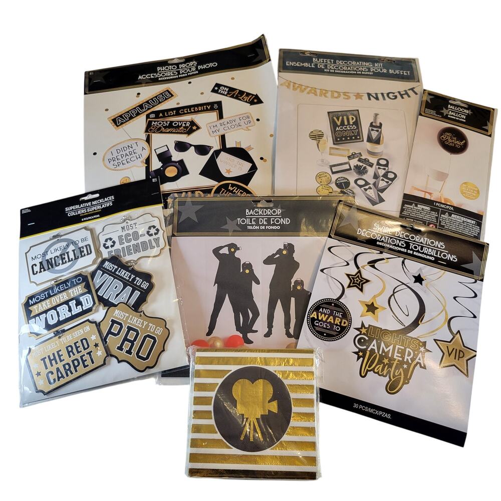 Hollywood Awards Night Party Decor Set Backdrop, Props, Swirls, Napkins and More